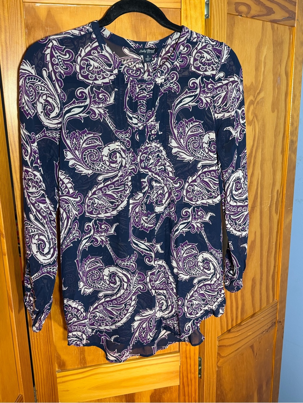 Lucky Brand Navy Paisley Sheer, Button Collar Top | Size S | Boho, Cottagecore